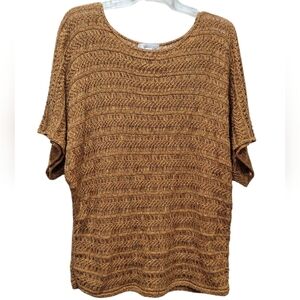 XL DRESSBARN Metallic Gold Orange Yellow Crochet Knit Short Sleeve Sweater